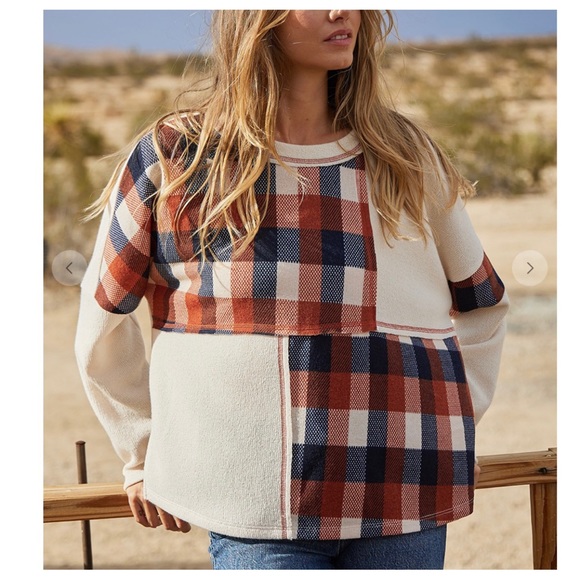 11 Boho Plaid Fabric Contrast Knit Top - Picture 3 of 5